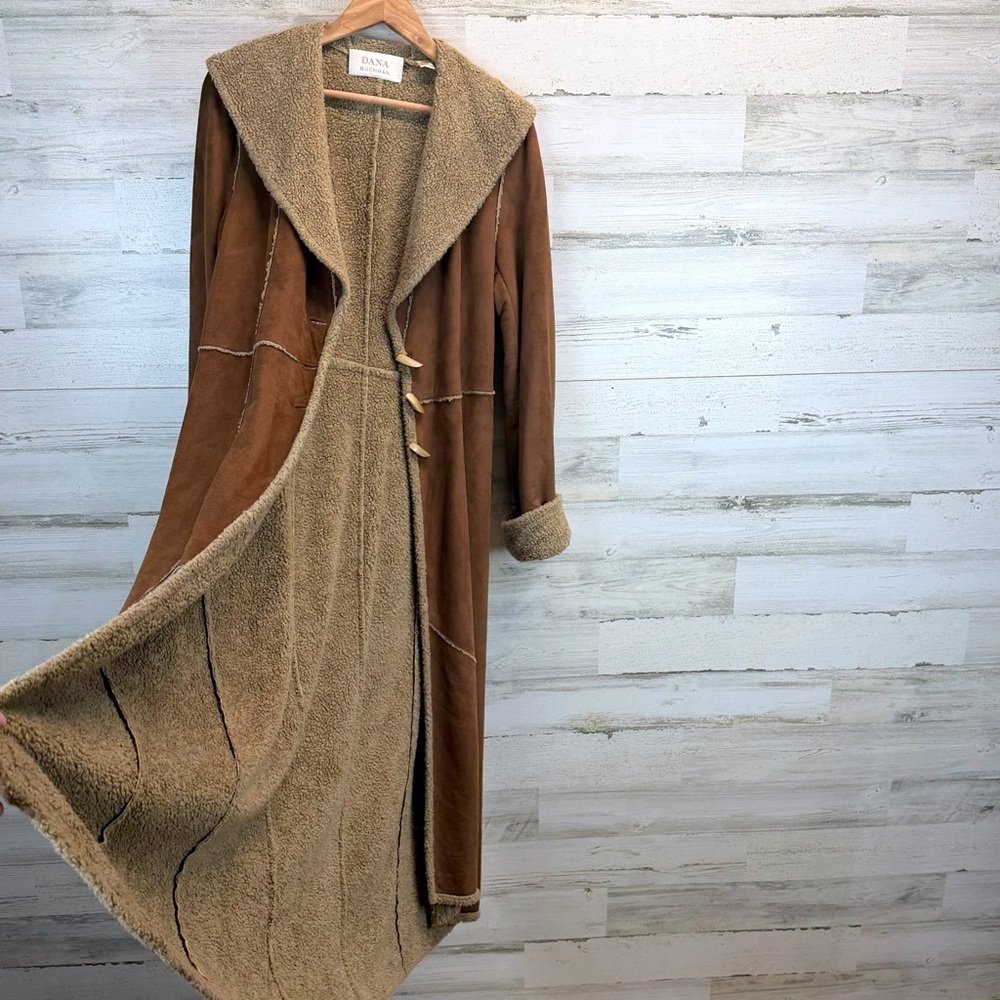 Dana Buchman Shearling Long Coat 10 Boho Rustic Toggle Faux Suede Penny Lane - Picture 4 of 15